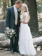 Boho Lace Wedding Dress With V Neck And Half Sleeves Back Zipper