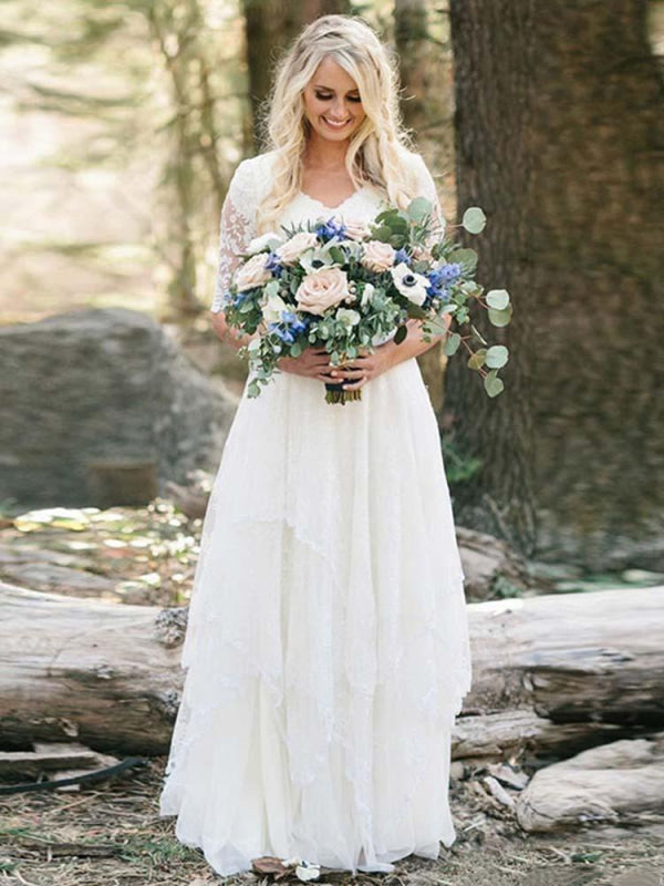 Boho Lace Wedding Dress With V Neck And Half Sleeves Back Zipper