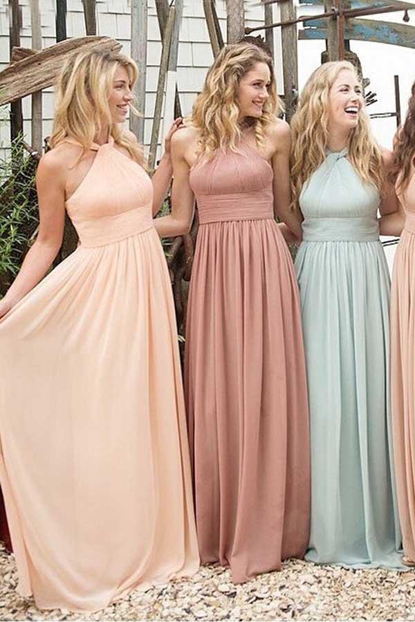 Elegantes Neckholderkleid mit Rüschen, Empire-Stil, bodenlang, aus Chiffon, Brautjungfernkleid BD033
