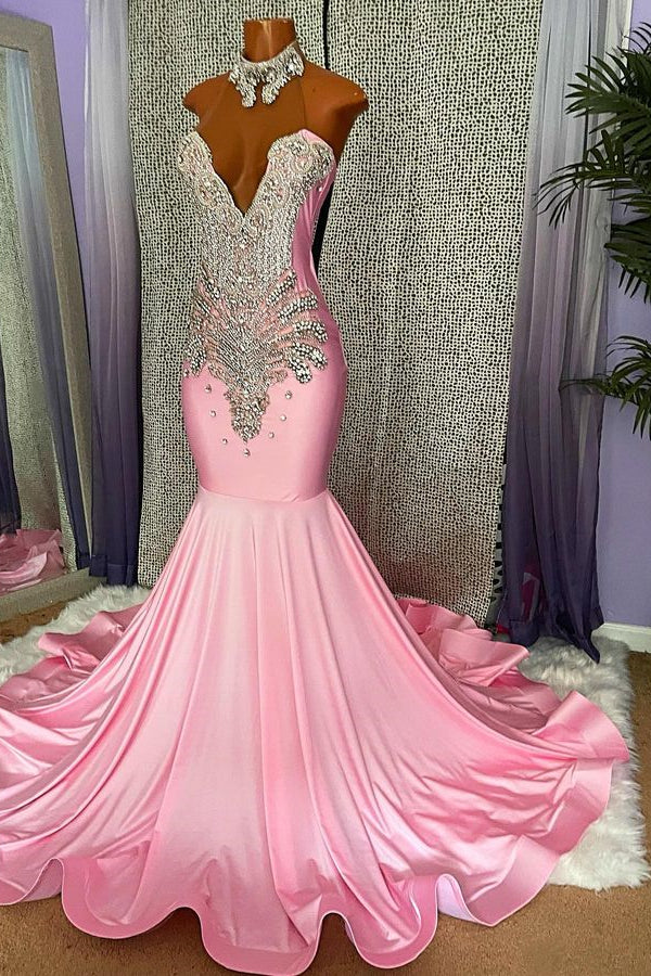 Robe de bal élégante sirène sans manches à col montant avec perles