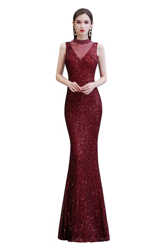 Abito da sera sirena senza maniche color borgogna con scollo a illusione elegante