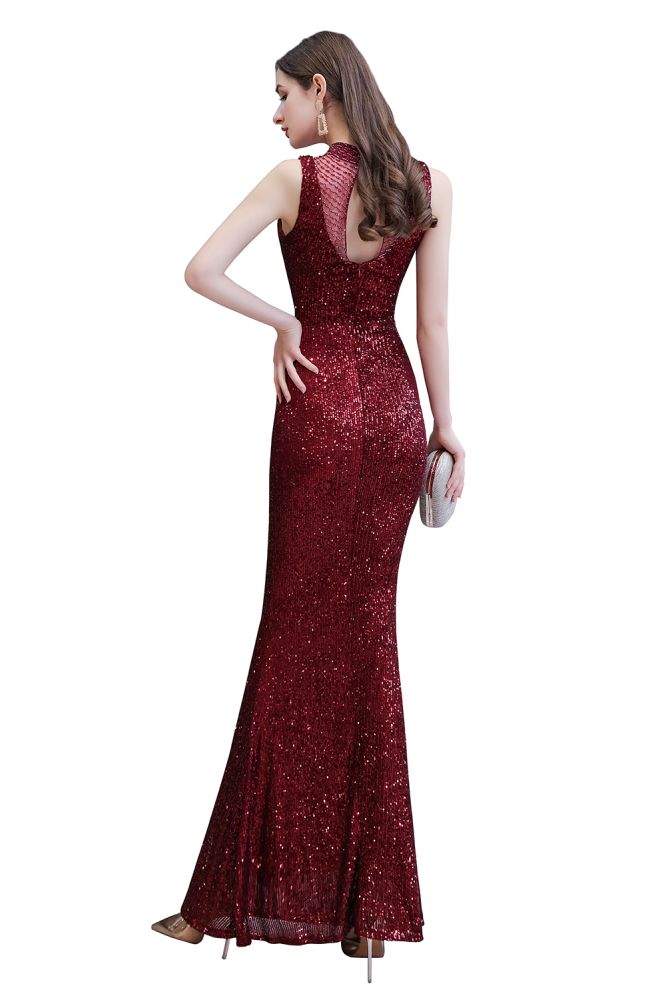 Abito da sera sirena senza maniche color borgogna con scollo a illusione elegante