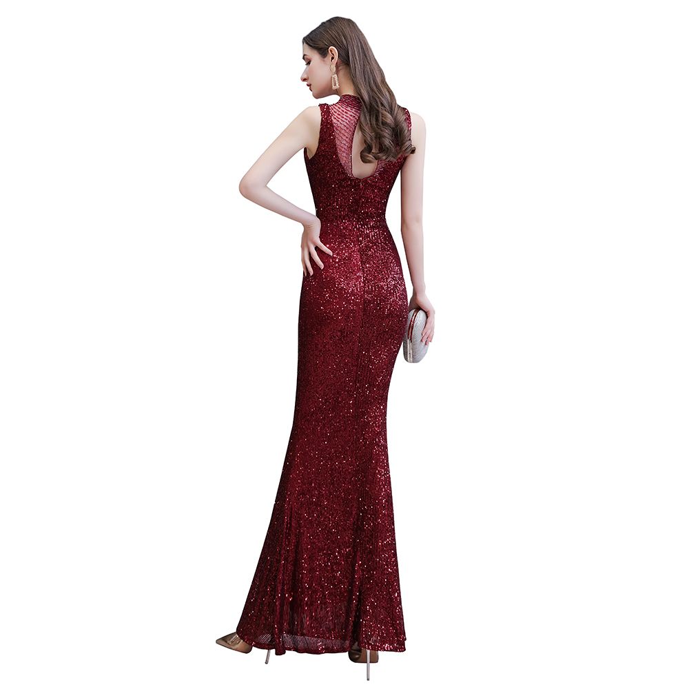 Abito da sera sirena senza maniche color borgogna con scollo a illusione elegante