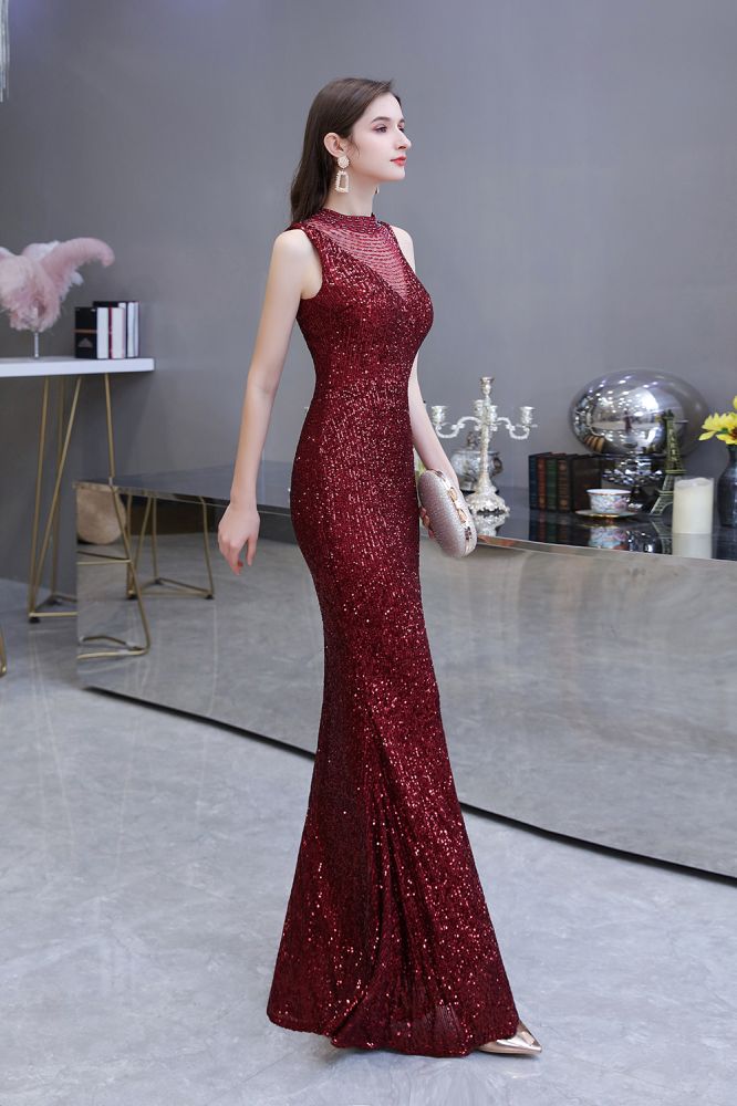 Abito da sera sirena senza maniche color borgogna con scollo a illusione elegante