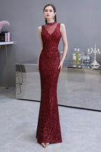 Abito da sera sirena senza maniche color borgogna con scollo a illusione elegante