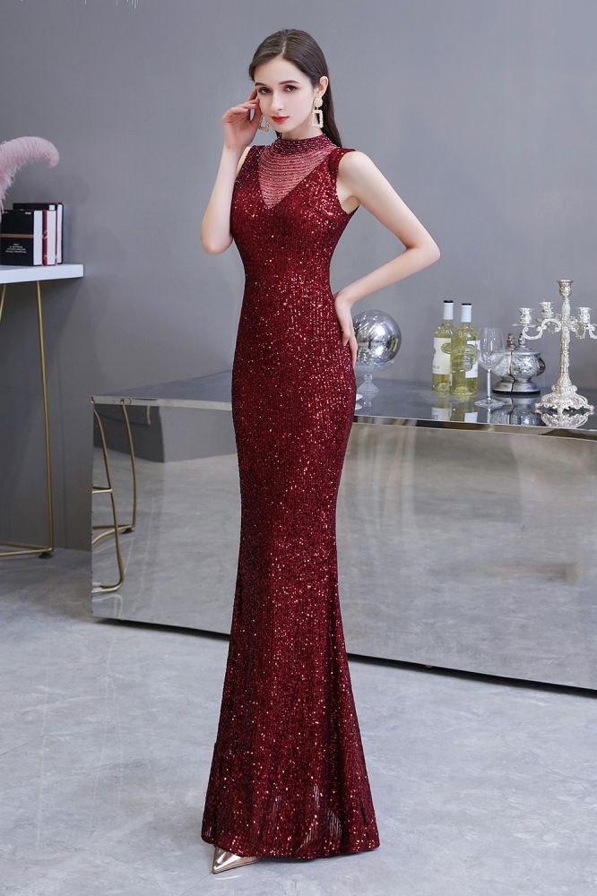 Abito da sera sirena senza maniche color borgogna con scollo a illusione elegante