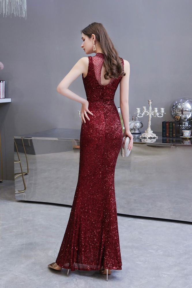 Abito da sera sirena senza maniche color borgogna con scollo a illusione elegante