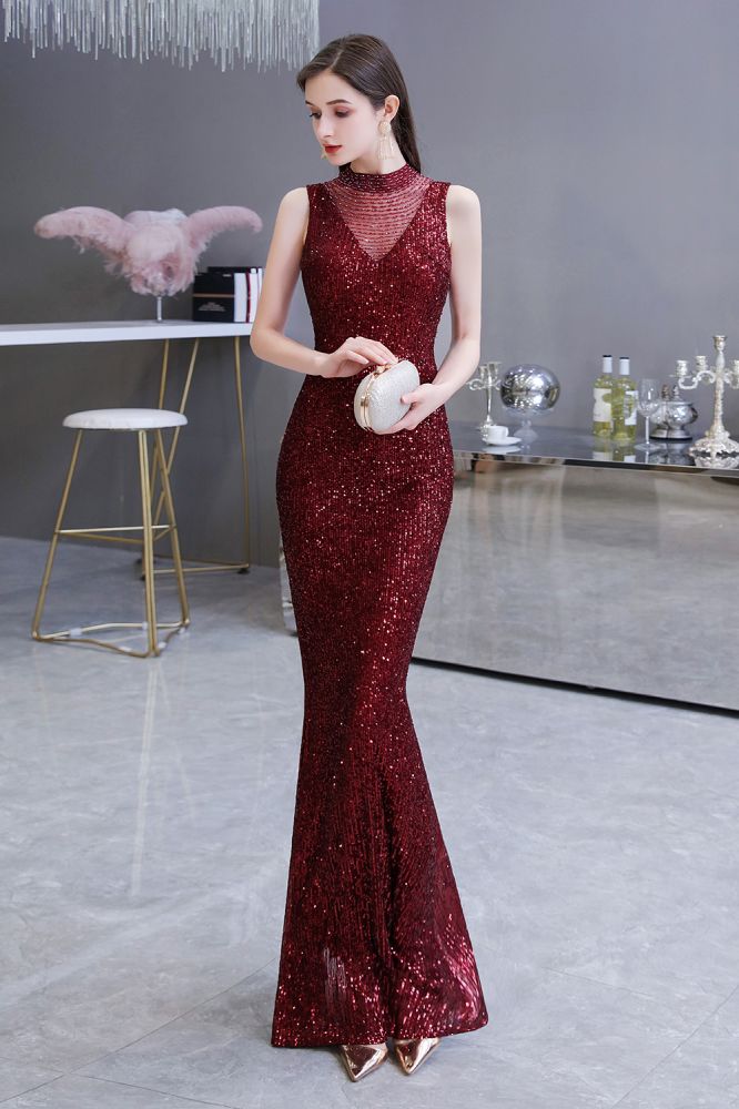 Abito da sera sirena senza maniche color borgogna con scollo a illusione elegante