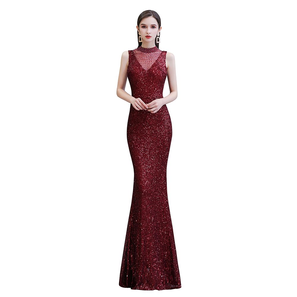 Abito da sera sirena senza maniche color borgogna con scollo a illusione elegante