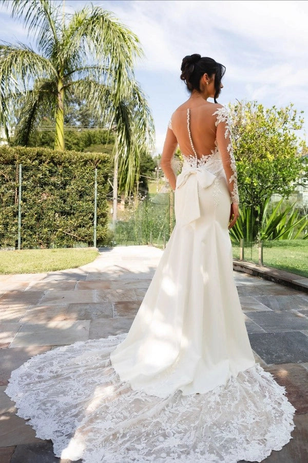 Elegant Ivory Long Sleeves Mermaid Wedding Dress With Appliques And Chapel Train