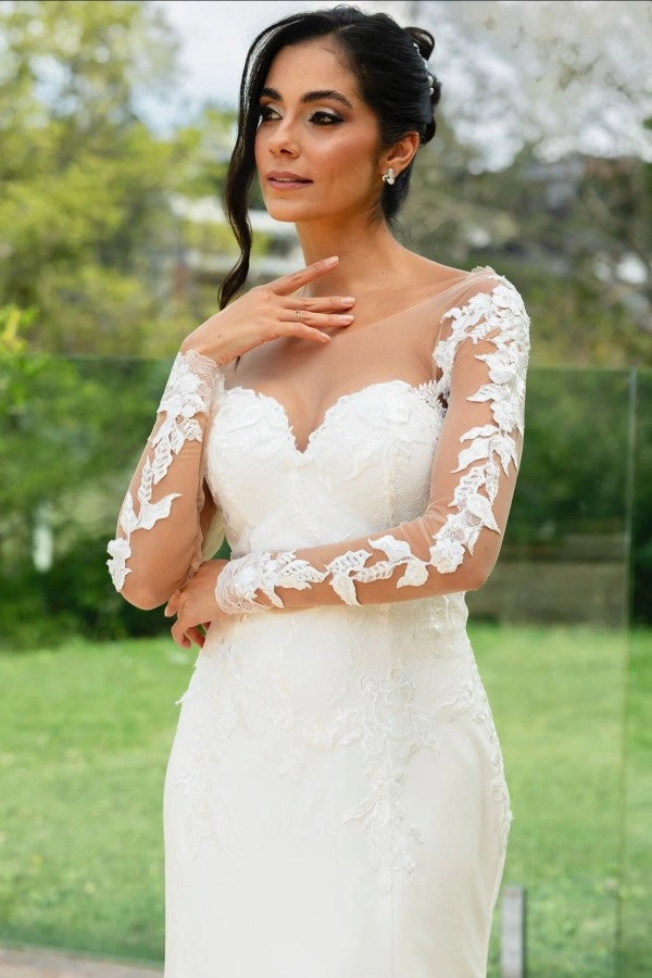 Elegant Ivory Long Sleeves Mermaid Wedding Dress With Appliques And Chapel Train