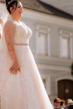 Ivory V Neck Sleeveless A Line Wedding Dress With Appliques And Beaded Belt