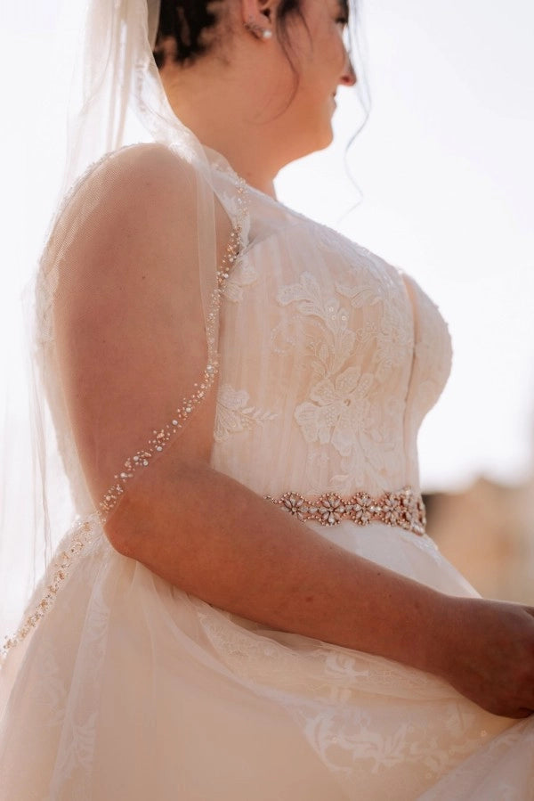 Ivory V Neck Sleeveless A Line Wedding Dress With Appliques And Beaded Belt