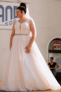 Ivory V Neck Sleeveless A Line Wedding Dress With Appliques And Beaded Belt
