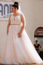 Ivory V Neck Sleeveless A Line Wedding Dress With Appliques And Beaded Belt