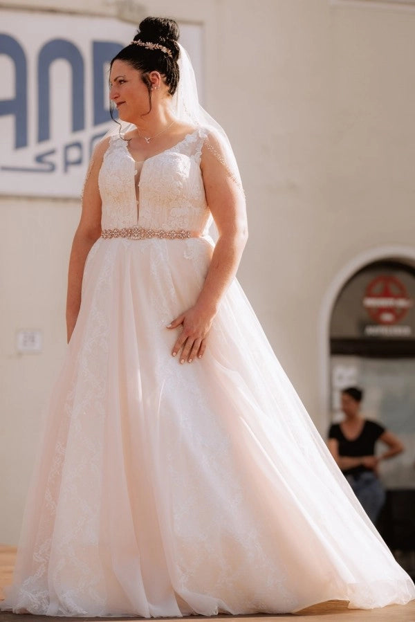 Ivory V Neck Sleeveless A Line Wedding Dress With Appliques And Beaded Belt