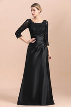 Vestido de Mãe da Noiva Elegante com Rendas de Cetim Pretas, Folhos e Mangas 3/4 à Venda
