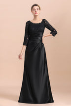 Vestido de Mãe da Noiva Elegante com Rendas de Cetim Pretas, Folhos e Mangas 3/4 à Venda