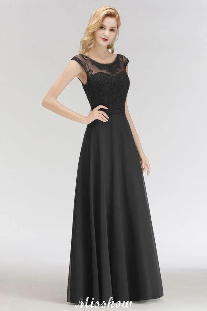 Elegantes juwelenbesetztes ärmelloses bodenlanges A-Linien-Spitzenkleid in Schwarz für Brautjungfern