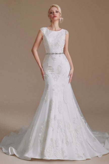 Elegante vestido de novia de satén con encaje, corte sirena, sin mangas y largo hasta el suelo 