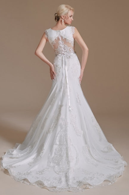 Elegante vestido de novia de satén con encaje, corte sirena, sin mangas y largo hasta el suelo 