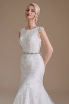 Elegante vestido de novia de satén con encaje, corte sirena, sin mangas y largo hasta el suelo 