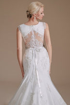 Elegante vestido de novia de satén con encaje, corte sirena, sin mangas y largo hasta el suelo 