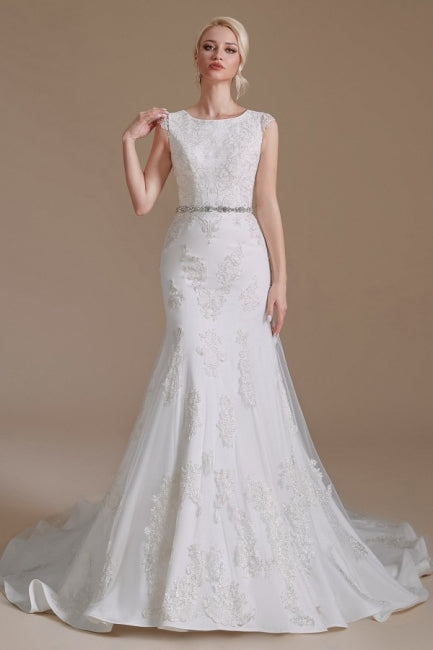 Elegante vestido de novia de satén con encaje, corte sirena, sin mangas y largo hasta el suelo 