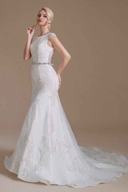 Elegante vestido de novia de satén con encaje, corte sirena, sin mangas y largo hasta el suelo 