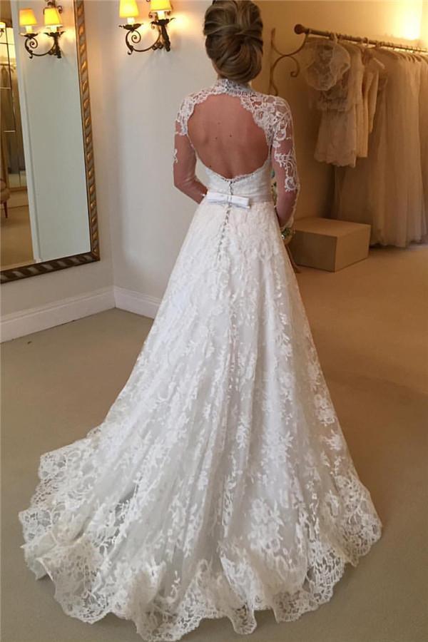 Robes de mariée élégantes en dentelle, ligne A, manches longues, col montant