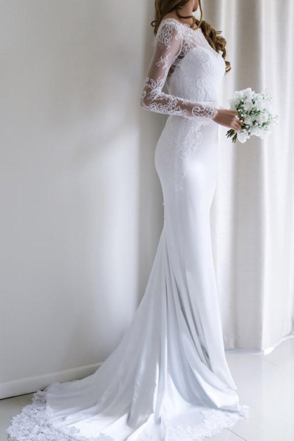 Robe de mariée blanche longue sirène élégante en dentelle à manches longues avec traîne