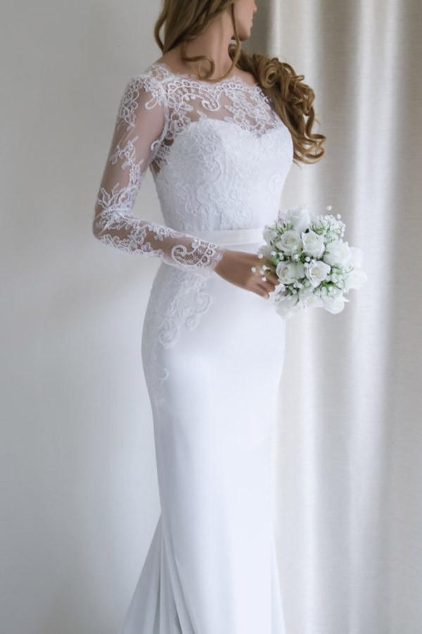 Robe de mariée blanche longue sirène élégante en dentelle à manches longues avec traîne