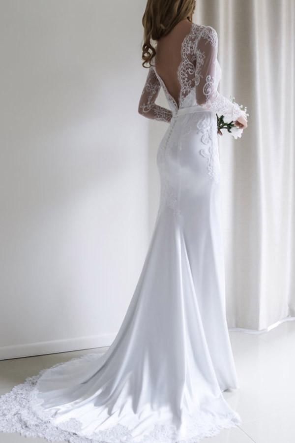 Robe de mariée blanche longue sirène élégante en dentelle à manches longues avec traîne