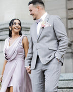Vestidos de Baile Elegantes em Lilás com Corte em A e Fenda