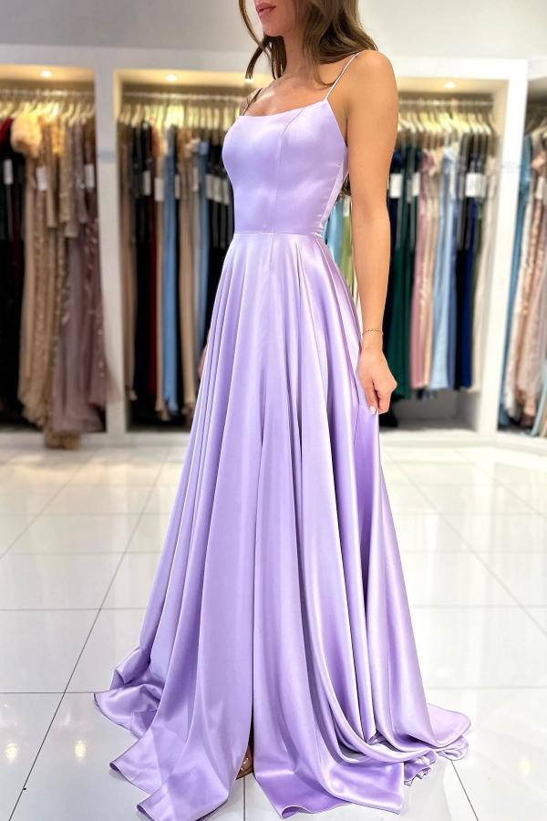 Vestidos de Baile Elegantes em Lilás com Alças Finas, Corte em A e Fecho de Renda em Cetim