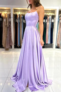 Vestidos de Baile Elegantes em Lilás com Alças Finas, Corte em A e Fecho de Renda em Cetim