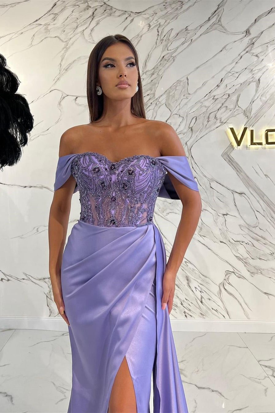 Robe de bal sirène lilas élégante à perles, décolletée et fendue