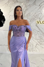 Robe de bal sirène lilas élégante à perles, décolletée et fendue