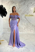 Robe de bal sirène lilas élégante à perles, décolletée et fendue