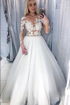 Abito da sposa elegante lungo a linea ad A con scollo a barca, applicazioni in pizzo e tulle, con maniche