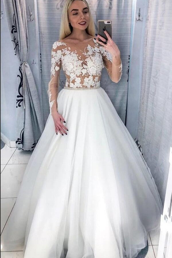 Abito da sposa elegante lungo a linea ad A con scollo a barca, applicazioni in pizzo e tulle, con maniche
