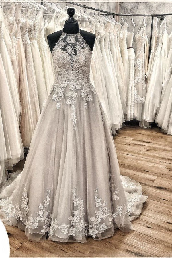 Elegantes langes A-Linie Neckholder rückenfreies Applikationen Spitze Tüll Rüschen Schleppe Brautkleid