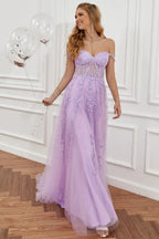 Elegant Long A-line Off The Shoulder Lace Tulle Formal Graduation Prom Dresses with Slit