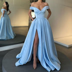 Robes de bal formelles élégantes longues en satin, coupe évasée, épaules dénudées avec fente