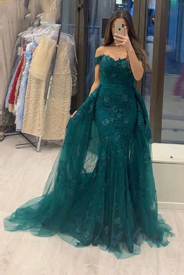 Robe de bal élégante longue en tulle et dentelle, ligne A, décolletée épaules dénudées