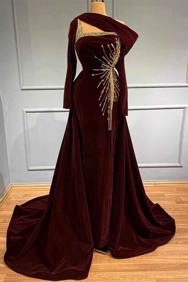 Robe de bal élégante longue en ligne A à une épaule avec perles et manches longues