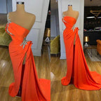 Vestido de fiesta largo elegante en línea A, de un solo hombro, sin mangas, con lentejuelas y abertura