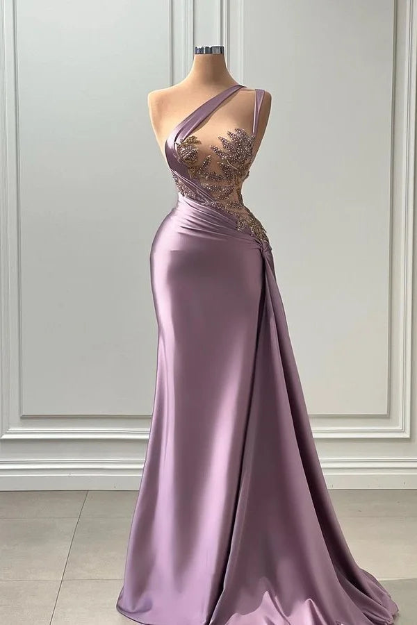 Robe de bal élégante longue en ligne A, une épaule, sans manches, ornée d'appliques