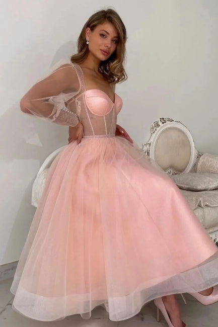 Robe de bal élégante longue en tulle rose coupe trapèze à manches longues Robe de fête pêche