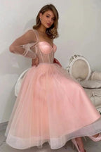 Robe de bal élégante longue en tulle rose coupe trapèze à manches longues Robe de fête pêche